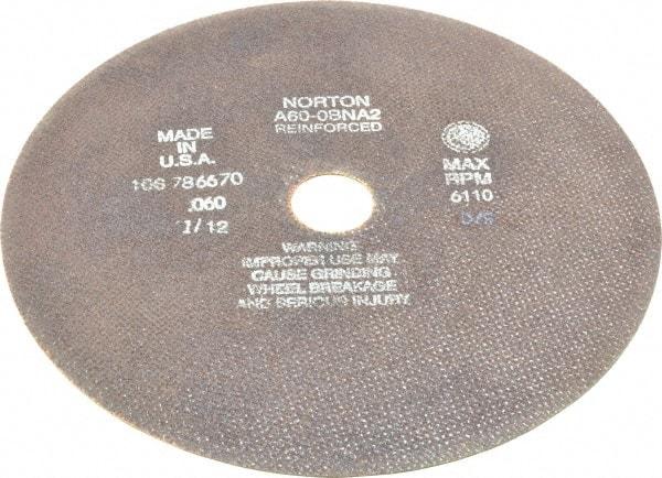 Norton - 10" 60 Grit Aluminum Oxide Cutoff Wheel - 0.06" Thick, 1-1/4" Arbor, 6,110 Max RPM, Use with Stationary Grinders - Exact Tool & Supply