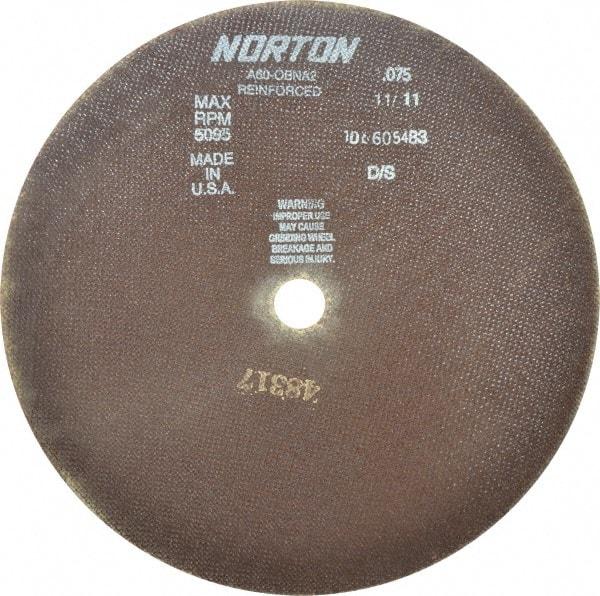 Norton - 12" 60 Grit Aluminum Oxide Cutoff Wheel - 0.075" Thick, 1" Arbor, 5,095 Max RPM, Use with Stationary Grinders - Exact Tool & Supply