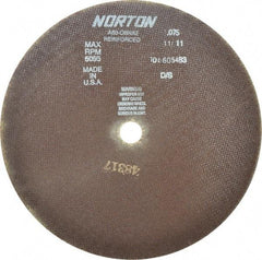 Norton - 12" 60 Grit Aluminum Oxide Cutoff Wheel - 0.075" Thick, 1" Arbor, 5,095 Max RPM, Use with Stationary Grinders - Exact Tool & Supply