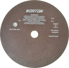 Norton - 12" 60 Grit Aluminum Oxide Cutoff Wheel - 0.075" Thick, 1-1/4" Arbor, 5,095 Max RPM, Use with Stationary Grinders - Exact Tool & Supply