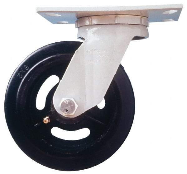 Fairbanks - 6" Diam x 2" Wide x 7-1/4" OAH Top Plate Mount Swivel Caster - Rubber, 410 Lb Capacity, Roller Bearing, 4-1/2 x 6-1/4" Plate - Exact Tool & Supply