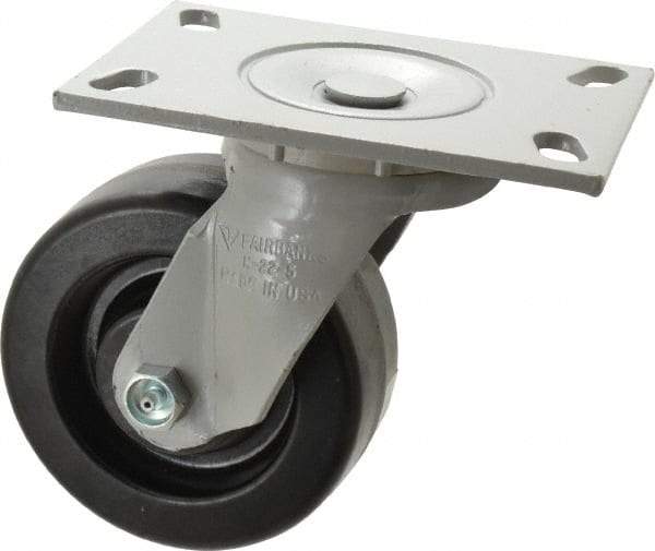 Fairbanks - 5" Diam x 2" Wide x 6-1/2" OAH Top Plate Mount Swivel Caster - Phenolic, 1,000 Lb Capacity, Roller Bearing, 4-1/2 x 6-1/4" Plate - Exact Tool & Supply