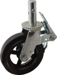 Fairbanks - 9-1/2" Diam x 2" Wide, Rubber Molded on 70 Durometer Swivel with Brake Double Braking Lock Design Caster - 500 Lb Capacity, Round Scaffold Stem Mount, Roller Bearing - Exact Tool & Supply