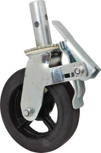 Fairbanks - 9-1/2" Diam x 2" Wide, Rubber Molded on 70 Durometer Swivel with Brake Double Braking Lock Design Caster - 500 Lb Capacity, Round Scaffold Stem Mount, Roller Bearing - Exact Tool & Supply