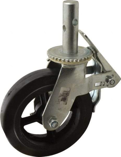 Fairbanks - 9-1/2" Diam x 2" Wide, Rubber Molded on 90 Durometer Swivel with Brake Double Braking Lock Design Caster - 500 Lb Capacity, Round Scaffold Stem Mount, Roller Bearing - Exact Tool & Supply