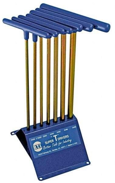 Made in USA - 7 Piece T-Handle Hex Key Set - Hex Range 2 to 8mm, 13" OAL, Chromalloy Steel - Exact Tool & Supply