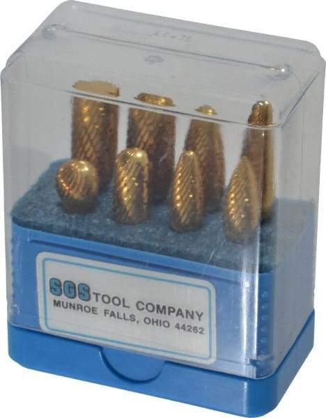 SGS Pro - 8 Piece, 1/4" Shank Burr Set - Tungsten Carbide, Multiple Head Shapes, 14° Included Angle - Exact Tool & Supply
