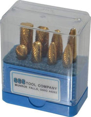 SGS Pro - 8 Piece, 1/4" Shank Burr Set - Tungsten Carbide, Multiple Head Shapes, 14° Included Angle - Exact Tool & Supply