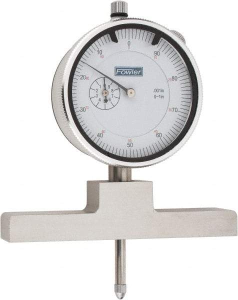 Fowler - 0 to 22 Inch Range, Steel, White Dial Depth Gage - 0.001 Inch Graduation, 0.001 Inch Accuracy, 1 Inch Travel, 4 Inch Base Measuring Length - Exact Tool & Supply