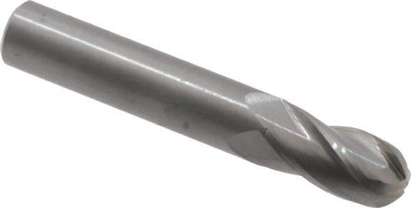 OSG - 9/16" Diam, 1-1/8" LOC, 4 Flute Solid Carbide Ball End Mill - Uncoated, Single End, 3-1/2" OAL, 9/16" Shank Diam, Spiral Flute - Exact Tool & Supply