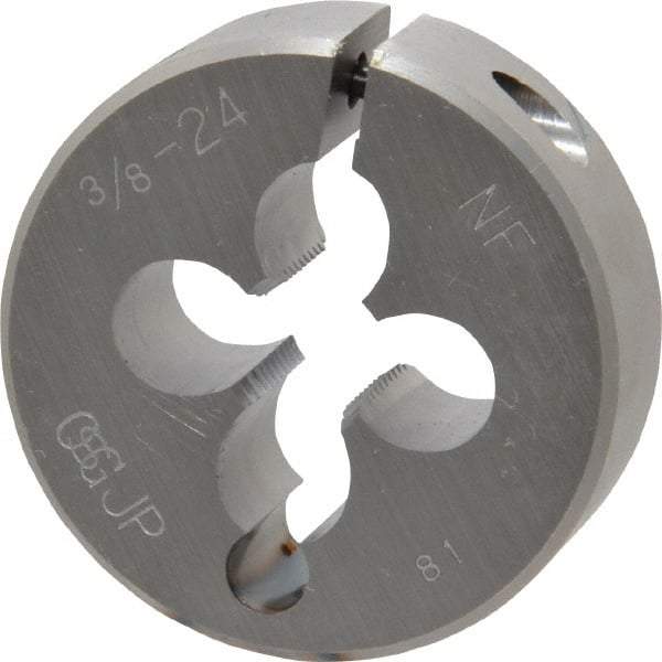 OSG - 3/8-24 UNF Thread, 1-1/2" Outside Diam High Speed Steel Round Die - 1/2" Thick, Right Hand Thread, Adjustable - Exact Tool & Supply