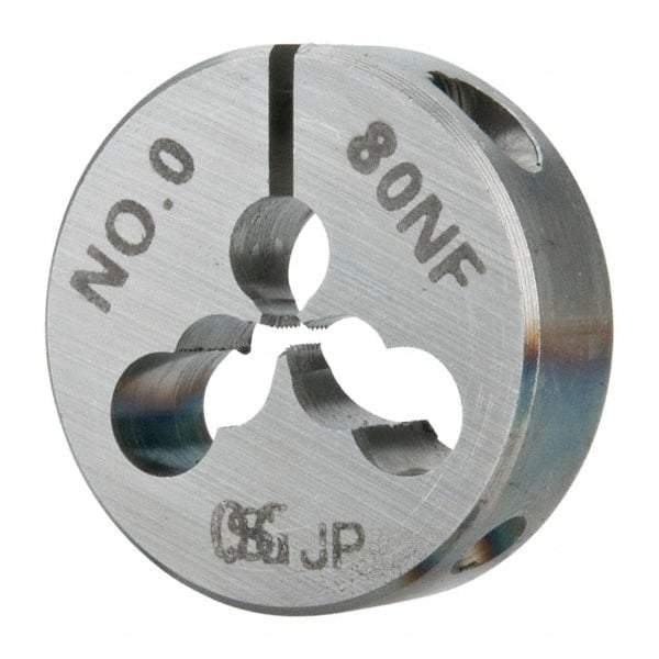 OSG - #0-80 UNF Thread, 13/16" Outside Diam High Speed Steel Round Die - 1/4" Thick, Right Hand Thread, Adjustable - Exact Tool & Supply