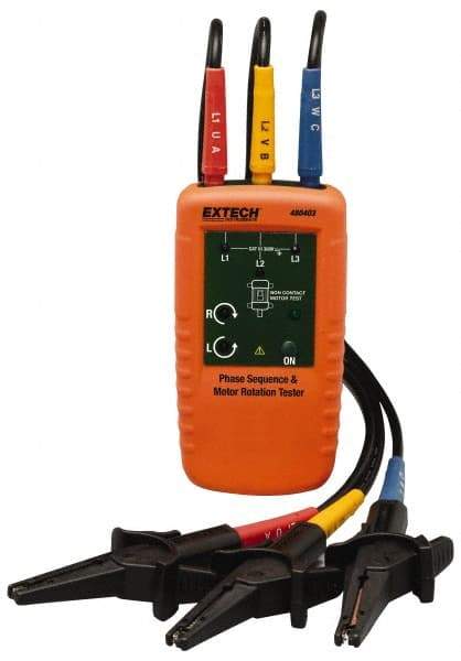 Extech - 3 Phase, 40 to 600 VAC, 2 to 400 Hz, 32 to 104°F, LED Display Phase Rotation Tester - 9V, Includes Alligator Clips, Test Leads, CAT III 600 V, CE, EN 61010-1 - Exact Tool & Supply