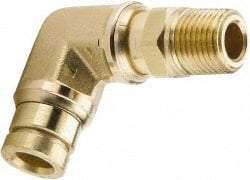 Parker - 1/4" Outside Diam, 1/8 NPTF, Brass Push-to-Connect Tube Male Swivel Elbow - 250 Max psi, Tube to Male NPT Connection, Buna-N O-Ring - Exact Tool & Supply