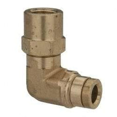 Parker - 1/4" Outside Diam, 1/8 NPTF, Brass Push-to-Connect Tube Female Swivel Elbow - 250 Max psi, Tube to Female NPT Connection, Buna-N O-Ring - Exact Tool & Supply