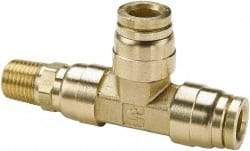 Parker - 1/4" Outside Diam, 1/4 NPTF, Brass Push-to-Connect Tube Male Swivel Run Tee - 250 Max psi, Tube to Male NPT Connection, Buna-N O-Ring - Exact Tool & Supply