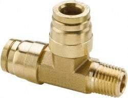 Parker - 5/32" Outside Diam, 1/4 NPT, Brass Push-to-Connect Tube Male Run Tee - 250 Max psi, Tube to Male NPT Connection, Buna-N O-Ring - Exact Tool & Supply