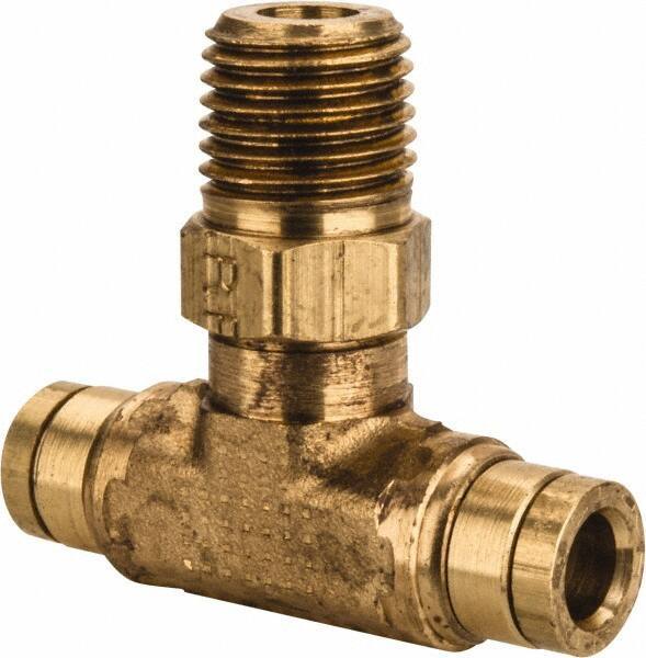 Parker - 1/4" Outside Diam, 1/4 NPT, Brass Push-to-Connect Tube Male Swivel Branch Tee - 250 Max psi, Tube to Male NPT Connection, Buna-N O-Ring - Exact Tool & Supply
