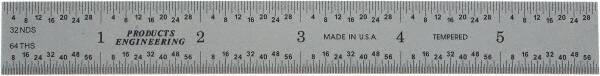 PEC Tools - 6" Long, 1/64, 1/32" and 0.5, 1mm Graduation, Rigid Steel Rule - English/Metric Graduation Style, 3/4" Wide, Silver, Satin Chrome Finish - Exact Tool & Supply