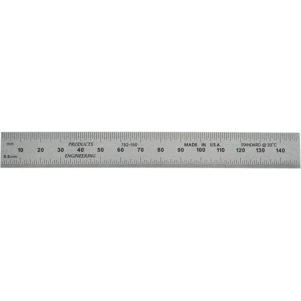PEC Tools - 150mm Long, 0.5, 1mm Graduation, Rigid Steel Rule - Metric Graduation Style, 3/4" Wide, Silver, Satin Chrome Finish - Exact Tool & Supply