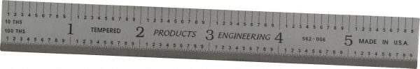 PEC Tools - 6" Long, 1/100, 1/10" and 0.5, 1mm Graduation, Rigid Steel Rule - Decimal/Metric Graduation Style, 3/4" Wide, Silver, Satin Chrome Finish - Exact Tool & Supply