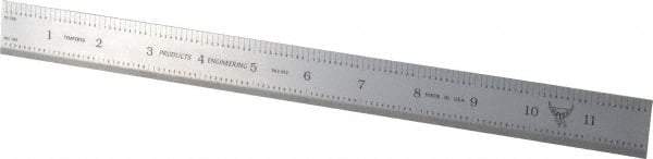 PEC Tools - 12" Long, 1/100, 1/10" and 0.5, 1mm Graduation, Rigid Steel Rule - Decimal/Metric Graduation Style, 1" Wide, Silver, Satin Chrome Finish - Exact Tool & Supply