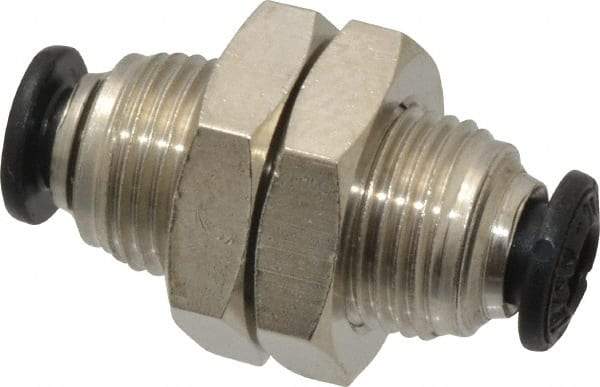 Alpha Technologies - 4mm Outside Diam, Nickel Plated Brass Push-to-Connect Tube Bulkhead Union - 250 Max psi, Tube to Tube Connection, Buna O-Ring - Exact Tool & Supply
