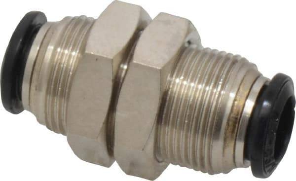 Alpha Technologies - 8mm Outside Diam, Nickel Plated Brass Push-to-Connect Tube Bulkhead Union - 250 Max psi, Tube to Tube Connection, Buna O-Ring - Exact Tool & Supply