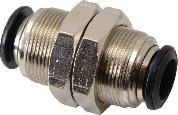 Alpha Technologies - 10mm Outside Diam, Nickel Plated Brass Push-to-Connect Tube Bulkhead Union - 250 Max psi, Tube to Tube Connection, Buna O-Ring - Exact Tool & Supply
