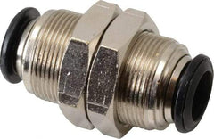 Alpha Technologies - 10mm Outside Diam, Nickel Plated Brass Push-to-Connect Tube Bulkhead Union - 250 Max psi, Tube to Tube Connection, Buna O-Ring - Exact Tool & Supply