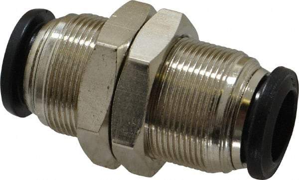 Alpha Technologies - 12mm Outside Diam, Nickel Plated Brass Push-to-Connect Tube Bulkhead Union - 250 Max psi, Tube to Tube Connection, Buna O-Ring - Exact Tool & Supply