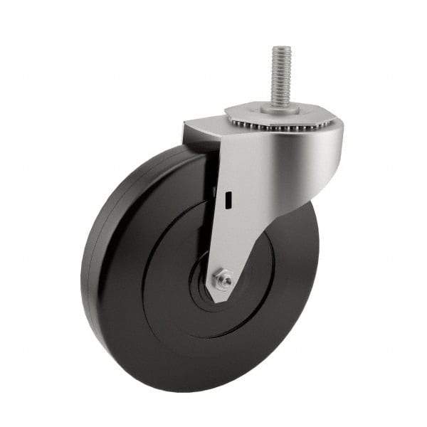 E.R. Wagner - 5" Diam x 1-1/4" Wide x 5-1/2" OAH Stem Mount Swivel Caster - Soft Rubber, 190 Lb Capacity, Delrin Bearing, 3/8-16 x 1" Threaded Stem - Exact Tool & Supply