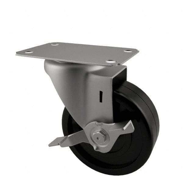E.R. Wagner - 3" Diam x 1-1/4" Wide x 3-3/4" OAH Top Plate Mount Swivel Caster with Brake - Soft Rubber, 125 Lb Capacity, Delrin Bearing, 2-3/4 x 3-3/4" Plate - Exact Tool & Supply