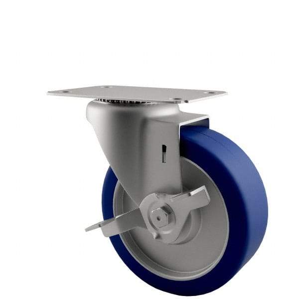 E.R. Wagner - 5" Diam x 1-1/4" Wide x 5-5/8" OAH Top Plate Mount Swivel Caster with Brake - Polyurethane, 280 Lb Capacity, Delrin Bearing, 2-3/4 x 3-3/4" Plate - Exact Tool & Supply