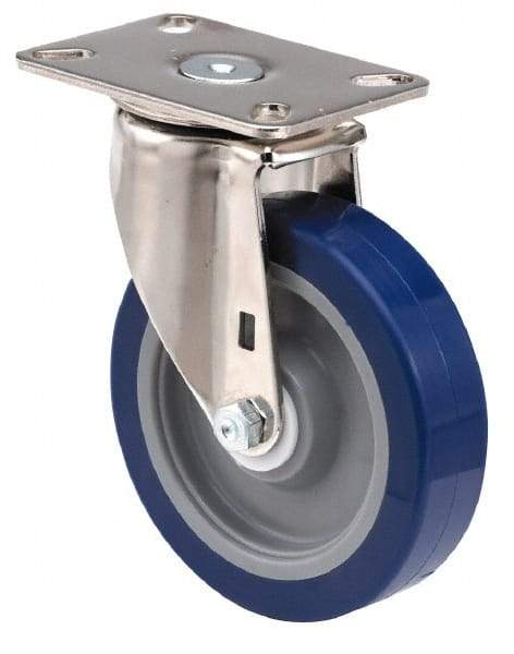 E.R. Wagner - 5" Diam x 1-3/8" Wide x 6-3/8" OAH Top Plate Mount Swivel Caster - Soft Rubber, 240 Lb Capacity, Delrin Bearing, 3-1/8 x 4-1/8" Plate - Exact Tool & Supply