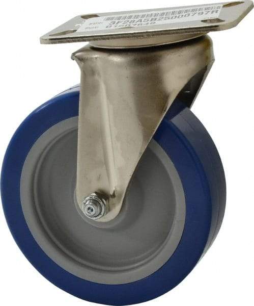 E.R. Wagner - 5" Diam x 1-1/2" Wide x 6-3/8" OAH Top Plate Mount Swivel Caster - Polyurethane, 450 Lb Capacity, Delrin Bearing, 3-1/8 x 4-1/8" Plate - Exact Tool & Supply
