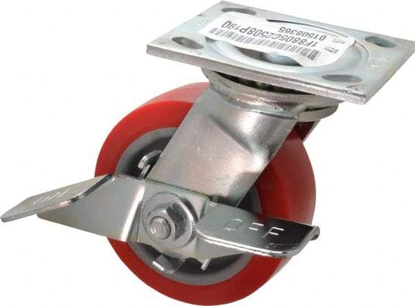 E.R. Wagner - 5" Diam x 2" Wide x 6-1/2" OAH Top Plate Mount Swivel Caster with Brake - Polyurethane, 750 Lb Capacity, Roller Bearing, 4 x 4-1/2" Plate - Exact Tool & Supply