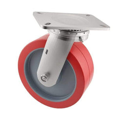 E.R. Wagner - 6" Diam x 2" Wide x 7-1/2" OAH Top Plate Mount Swivel Caster - Polyurethane, 900 Lb Capacity, Roller Bearing, 4 x 4-1/2" Plate - Exact Tool & Supply
