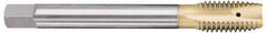 OSG - M10x1.25 Metric Fine, 3 Flute, TiN Finish, Vanadium High Speed Steel Spiral Point Tap - Plug Chamfer, Right Hand Thread, 100mm OAL, 1-1/4" Thread Length, 0.381" Shank Diam, 6H Class of Fit - Exact Tool & Supply