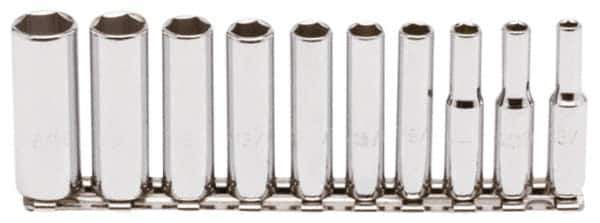 Proto - 10 Piece 1/4" Drive Chrome Finish Deep Well Socket Set - 6 Points, 3/16" to 9/16" Range, Inch Measurement Standard - Exact Tool & Supply