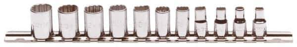 Proto - 11 Piece 1/4" Drive Chrome Finish Socket Set - 12 Points, 5mm to 14mm Range, Metric Measurement Standard - Exact Tool & Supply
