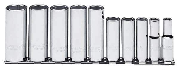 Proto - 10 Piece 3/8" Drive Chrome Finish Deep Well Socket Set - 6 Points, 5/16" to 7/8" Range, Inch Measurement Standard - Exact Tool & Supply