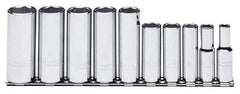 Proto - 10 Piece 3/8" Drive Chrome Finish Deep Well Socket Set - 6 Points, 5/16" to 7/8" Range, Inch Measurement Standard - Exact Tool & Supply