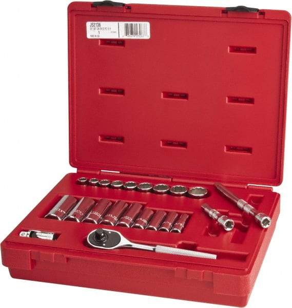 Proto - 22 Piece 3/8" Drive Chrome Finish Deep Well Socket Set - 12 Points, 3/8" to 7/8" Range, Inch Measurement Standard - Exact Tool & Supply