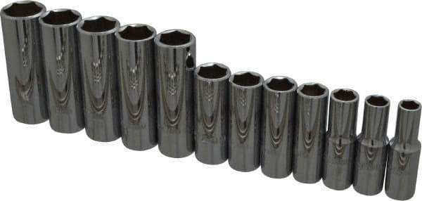 Proto - 12 Piece 3/8" Drive Chrome Finish Deep Well Socket Set - 6 Points, 8mm to 19mm Range, Metric Measurement Standard - Exact Tool & Supply