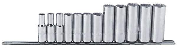 Proto - 12 Piece 3/8" Drive Chrome Finish Deep Well Socket Set - 12 Points, 8mm to 19mm Range, Metric Measurement Standard - Exact Tool & Supply