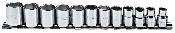 Proto - 12 Piece 3/8" Drive Chrome Finish Socket Set - 6 Points, 8mm to 19mm Range, Metric Measurement Standard - Exact Tool & Supply