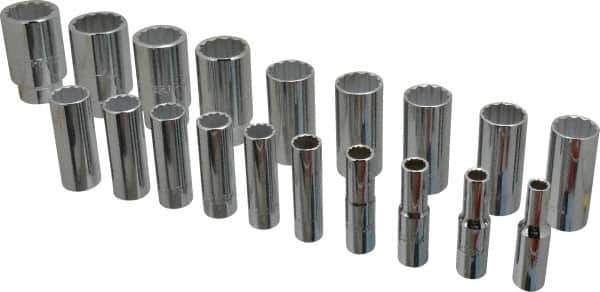 Proto - 19 Piece 1/2" Drive Chrome Finish Deep Well Socket Set - 12 Points, 3/8" to 1-1/2" Range, Inch Measurement Standard - Exact Tool & Supply