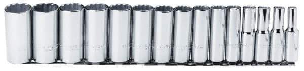 Proto - 15 Piece 1/2" Drive Chrome Finish Deep Well Socket Set - 12 Points, 3/8" to 1-1/4" Range, Inch Measurement Standard - Exact Tool & Supply