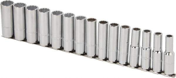 Proto - 15 Piece 1/2" Drive Chrome Finish Deep Well Socket Set - 12 Points, 10mm to 24mm Range, Metric Measurement Standard - Exact Tool & Supply